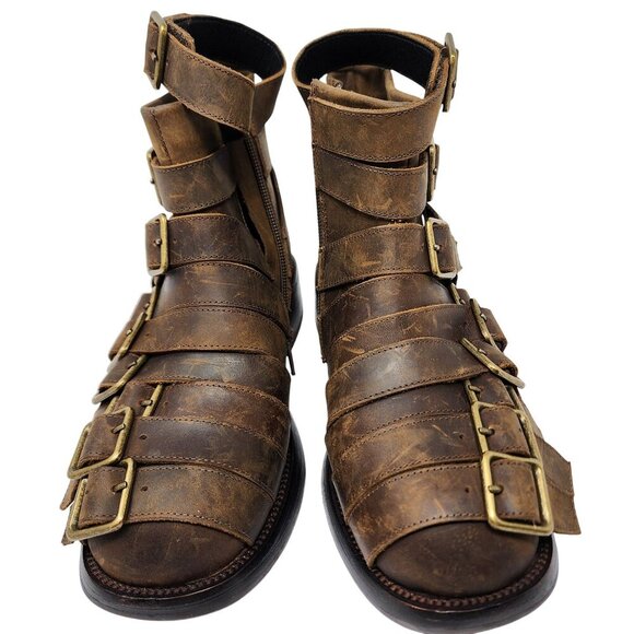 Jeffrey Campbell Brown Leather Belted-Up Buckle Ankle Boots  Women's 5 - Picture 2 of 10